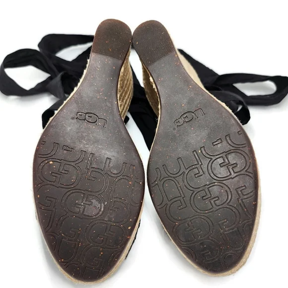 UGG Lucianna Black Ribbon Ankle Wrap Tie Peep-Toe Braid Jute Wedge Heel Sandals - Picture 11 of 11